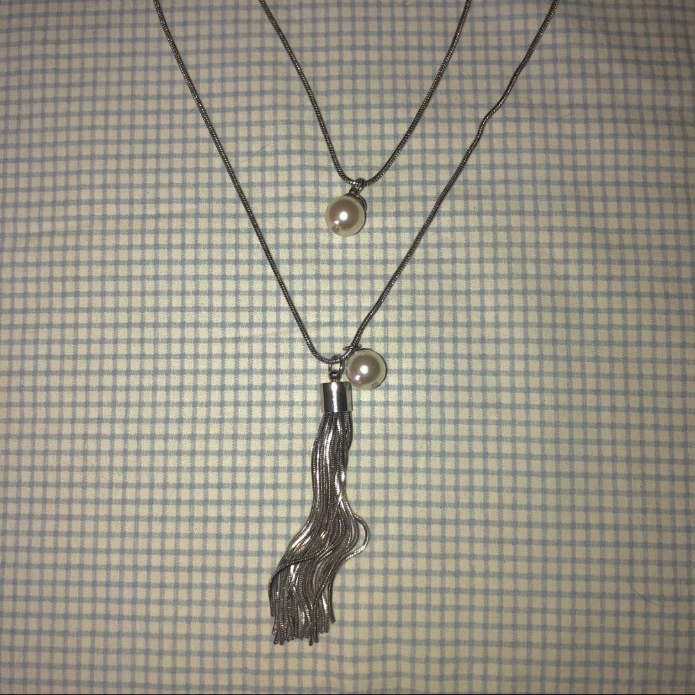 Long Layered Tassel & Pearl Necklace • Silver